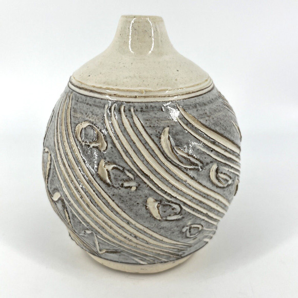 Vintage Stoneware Ceramic Studio Art Pottery Glazed Carved Bud Vase Signed - Picture 6 of 14